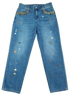 Chico's Womens Size 0/2 Blue Crop Jeans Embellished Gold Rhinestone Denim.